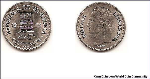 25 Centimos
Y#50.2
1.5000 g., Nickel, 17 mm. Obv: National arms Rev: Head of Bolivar left Note: Dies vary for each date; thin.