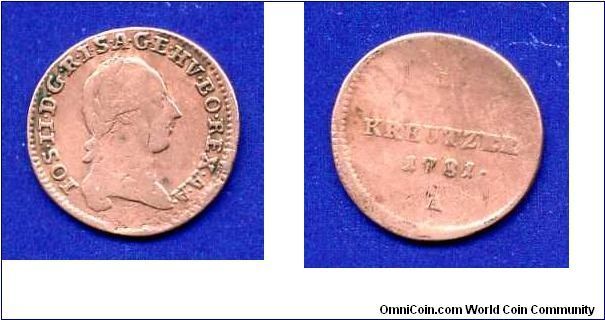 1/4 kreuzer.
Ioseph II (1765-1790) emperor of Holy Roman empire.
(A) Vienna mint.


Cu.