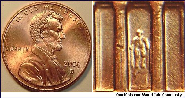 2006D Lincoln Cent, Class 9 Doubled Die Reverse, Strong Doubling of Column 7 to the Right of the Statue, on the Chest and between the legs