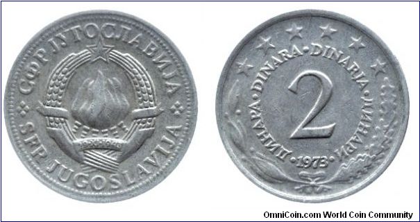 SFR Yugoslavia, 2 dinara, 1973, Cu-Ni.                                                                                                                                                                                                                                                                                                                                                                                                                                                                              