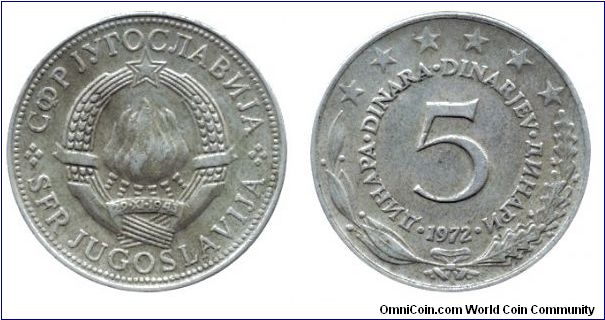 SFR Yugoslavia, 5 dinara, 1972, Cu-Ni.                                                                                                                                                                                                                                                                                                                                                                                                                                                                              