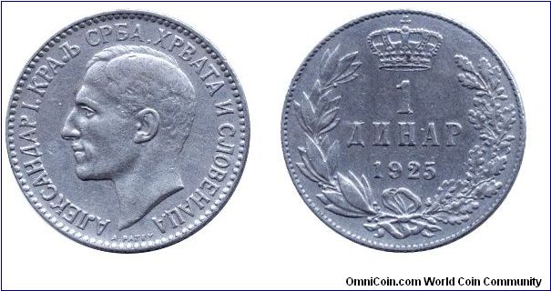 Serb, Croat and Sloven Kingdom, 1 dinar, 1925, Ni-Bronze, King Alexandar I.                                                                                                                                                                                                                                                                                                                                                                                                                                         