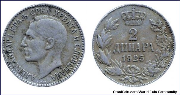 Serb, Croat and Sloven Kingdom, 2 dinara, 1925, Ni-Bronze, King Alexandar I.                                                                                                                                                                                                                                                                                                                                                                                                                                        