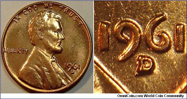 1961D Lincoln Cent, Re-punched Mint Mark, The Secondary Can Be Seen to the West and Southwest of the Primary Mint Mark