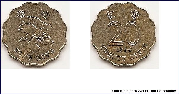 20 Cents
KM#67
2.6200 g., Nickel-Brass, 18.95 mm. Ruler: Elizabeth II Obv: Bauhinia flower Rev: Denomination Edge: Scalloped