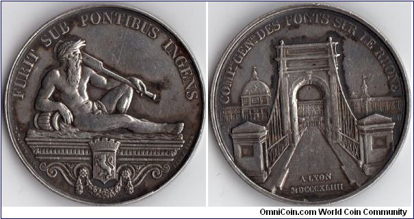 silver jeton issued for the Compagnie General des Ponts sur Le Rhone Rhone Bridges). Obverse shows allegorical figure of the river `Le Rhone' reclining. reverse, a bridge over the Rhone at Lyon