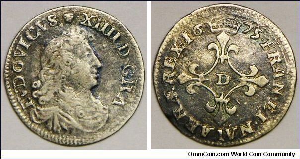 Louis XIV (1643-1715), 4 Sols, 1675D. 1.64g g, 0.7980 Silver, .0464 Oz. ASW., 19.1mm. Mint: Lyon. About VF. [SOLD]