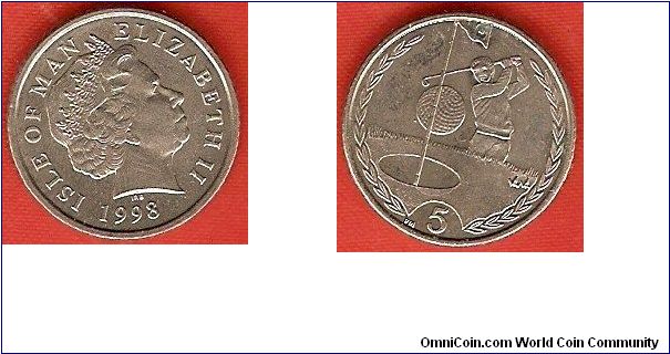 5 pence
Golfer
Elizabeth II by Ian Rank-Broadley
small flan
without triskeles before and after date
copper-nickel