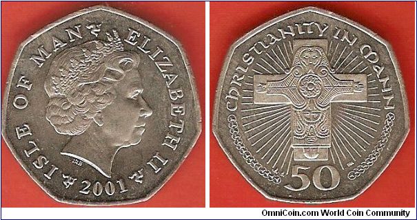 50 pence
Christianity in Mann
Elizabeth II by Ian Rank-Broadley
small flan
copper-nickel