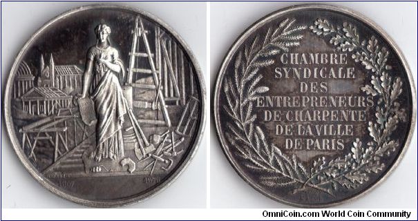silver jeton issued for the Chambre  Syndicale de Charpente (joiners union)