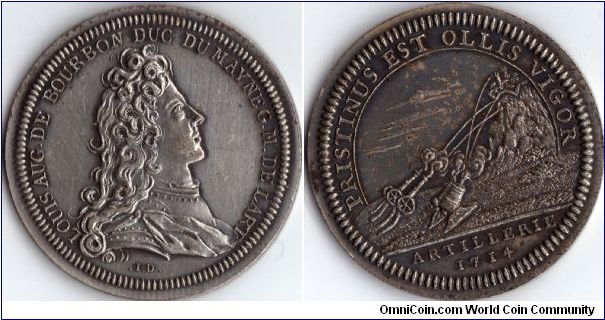 1880 official restrike of a silver jeton originally issued for the French Artillery 1714. This is strike number 150 of a total issue of 500.