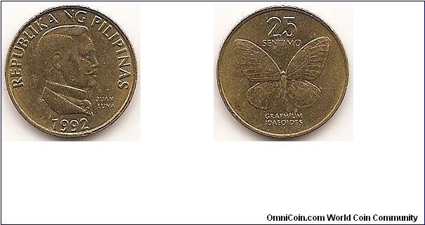 25 Sentimos
KM#241.2
2.2400 g., Brass Obv: Juan Luna right Rev: Butterfly Note: Reduced size.