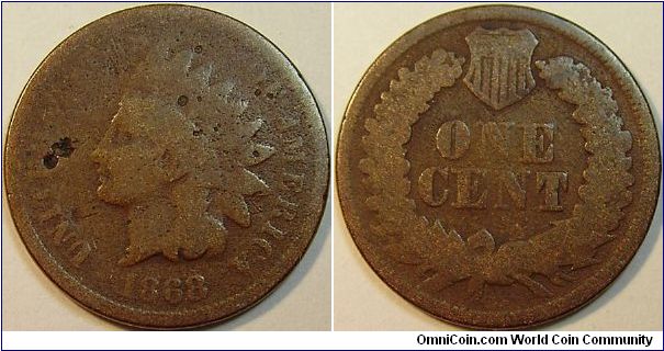 1868 Indian Head, One Cent, Pitting Obverse