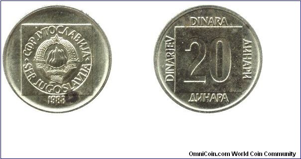 SFR Yugoslavia, 20 dinara, 1988, Brass.                                                                                                                                                                                                                                                                                                                                                                                                                                                                             