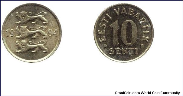 Estonia, 10 senti, 1994, Brass, three lions, Eesti Vabariik.                                                                                                                                                                                                                                                                                                                                                                                                                                                        