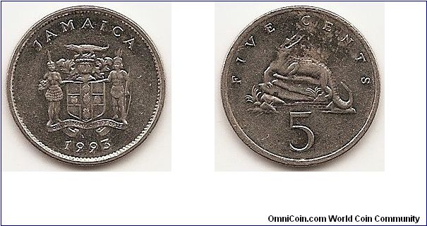 5 Cents
KM#46a
2.8000 g., Nickel Plated Steel, 19.4 mm. Ruler: Elizabeth II Obv: Arms with supporters Rev: American crocodile above value
