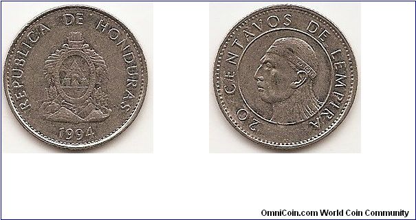 20 Centavos
KM#83.1a
2.0000 g., Nickel Plated Steel, 17.93 mm. Obv: Small arms and legend, with clouds behind pyramid Rev: Head left within circle Edge: Reeded