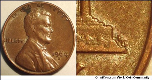 1964D Lincoln, One Cent, Class 1 Doubled Die, Doubling of all outer devices on the reverse