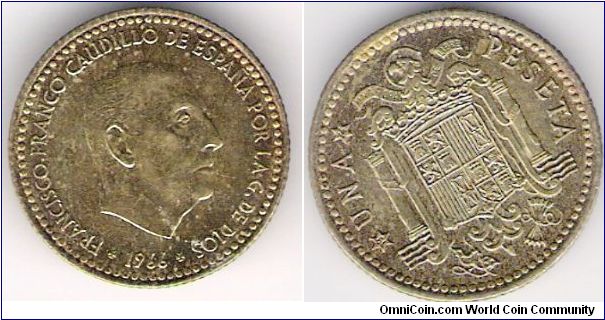 1 Peseta.  This coin is a gorgeous green gold tone in hand.  Scanning doesn't do it justice. :(