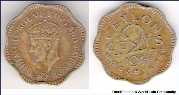 2 cents, Ceylon.  British occupancy.