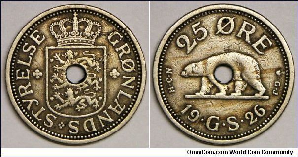 Danish Colony - Greenland, 25 Ore, 1926. 6.72g, Copper-Nickel, 24.5mm. Obverse: Crowned arms of Denmark. Reverse: Hole at center of polar bear, left, denomination above, date below devided by 'GS'. Note: The hole was added 1940/41 in New York to avoid confusion with the 1 Krone coins of Denmark. Mintage: 31,716 units. VF ~ VF+. Scarce.