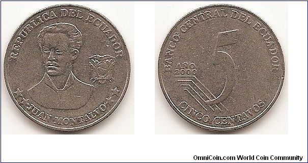 5 Centavos (Cinco)
KM#105
5.0000 g., Steel, 21.2 mm. Subject: Juan Montalvo Obv: Bust 3/4 facing and arms Rev: Denomination Edge: Plain