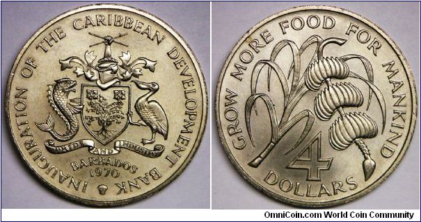 Independent Sovereign State within the British Commonwealth, 4 Dollars, 1970. 27.66g, Copper-Nickel, 38.5mm. Edge: Reed. Note: The 1st coins inscribed for each territory of the British East Caribbean were the $4 coins of 1970, which formed part of the Food for All program instituted by the United Nations Food & Agriculture Organization. These coins had standard obverse: East Carribean arms, reverse: Sugarcane & bananas tree branch.  Mintage:  30,000 units. Brilliant Uncirculated.