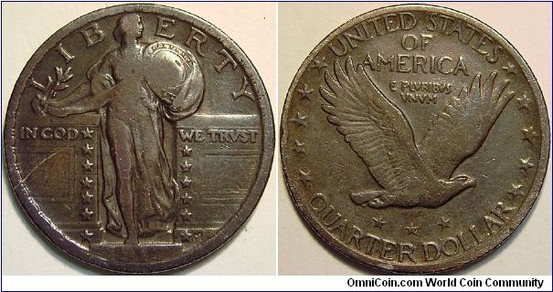 1917 Standing Liberty, Quarter Dollar, Scratch on Obverse, Dark Petina