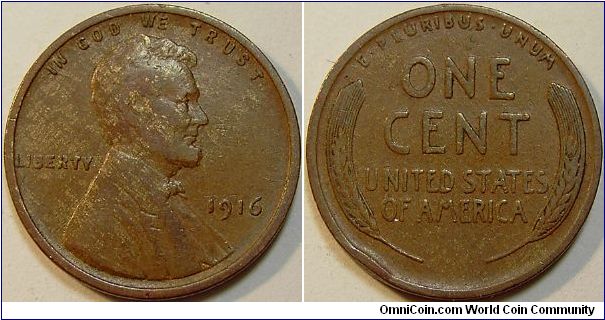 1916 Lincoln, One Cent, Rim Hit on Reverse