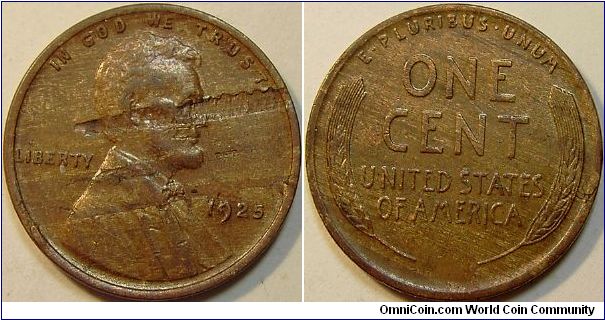 1925 Lincoln, One Cent, Lamination Error, Woodgrain Appearance (Woody)