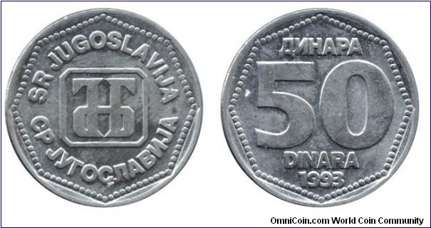 SR Yugoslavia, 50 dinara, 1993, Cu-Ni-Zn.                                                                                                                                                                                                                                                                                                                                                                                                                                                                           