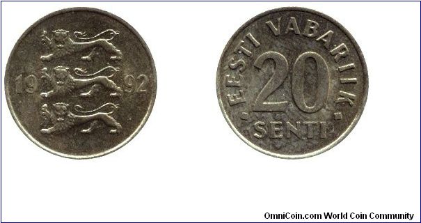 Estonia, 20 senti, 1992, Brass, three lions, Eesti Vabariik.                                                                                                                                                                                                                                                                                                                                                                                                                                                        