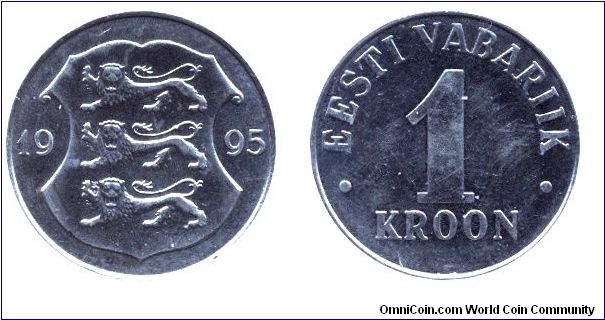 Estonia, 1 kroon, 1995, Cu-Ni, three lions, Eesti Vabariik.                                                                                                                                                                                                                                                                                                                                                                                                                                                         