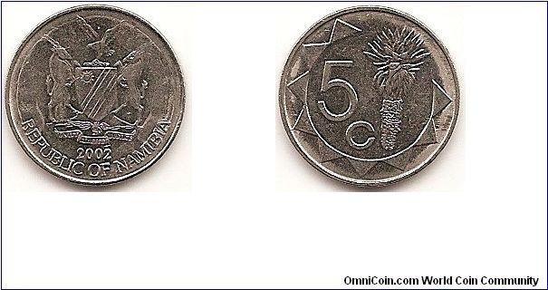 5 Cents
KM#1
2.2000 g., Nickel Plated Steel, 16.9 mm. Obv: Arms with supporters Rev: Value left, aloe plant within 3/4 sun design