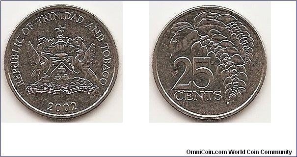 25 Cents
KM#32
3.5700 g., Copper-Nickel, 20 mm. Obv: National arms Rev: Chaconia and value Edge: Reeded