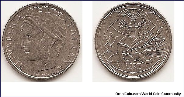 100 Lire
KM#180
4.5300 g., Copper-Nickel, 22 mm. Series: F.A.O. Obv: Turreted head left Rev: Logo and value within globe design