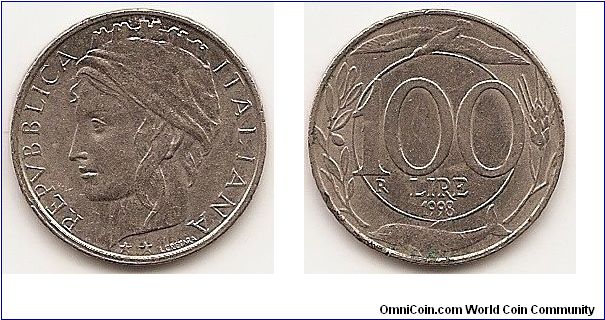 100 Lire
KM#159
Copper-Nickel, 22 mm. Obv: Turreted head left Rev: Large value within circle flanked by sprigs