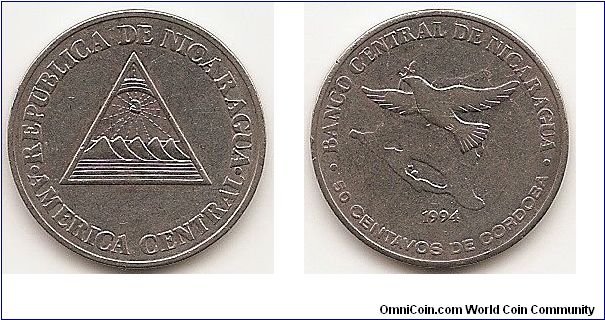 50 Centavos
KM#83
4.6800 g., Chromium Plated Steel, 22 mm. Obv: National emblem Rev: Bird flying above map Note: Coin rotation.