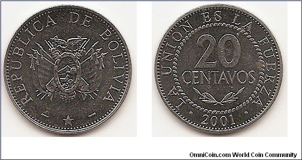 20 Centavos
KM#203
3.2500 g., Stainless Steel, 22 mm. Obv: National arms, star below Rev: Denomination within circle, date below Edge: Plain