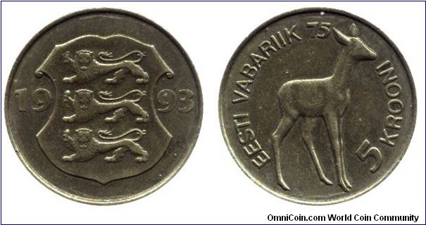Estonia, 5 krooni, 1993, Brass, Deer.                                                                                                                                                                                                                                                                                                                                                                                                                                                                               