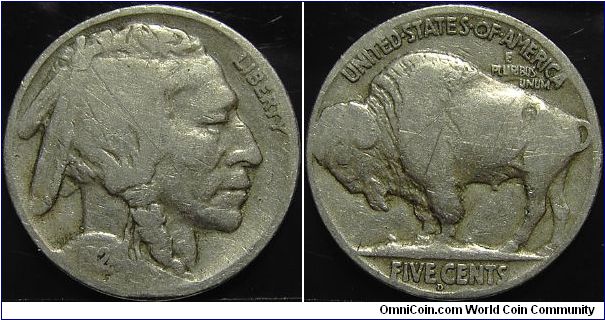 1924D Indian Head, Five Cents, Light Scratch on Obverse (Buffalo)