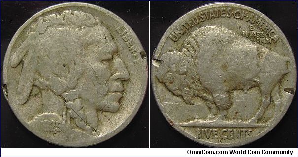 1925D Indian Head, Five Cents (Buffalo) Damaged