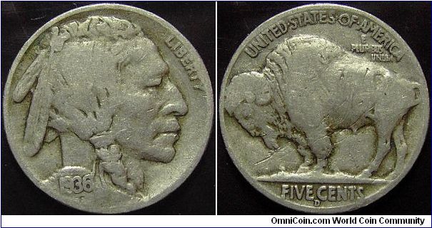 1936D Indian Head, Five Cents (Buffalo)