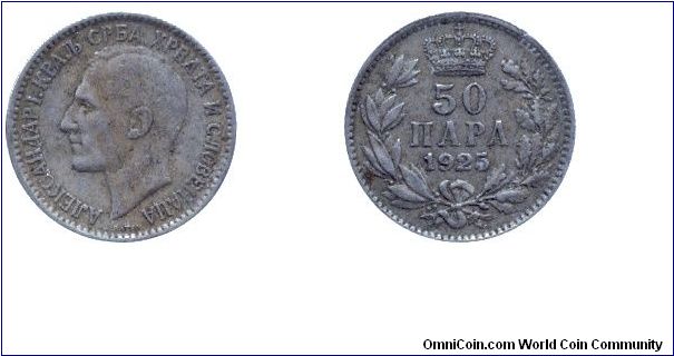 Kingdom of Serbia, Croatia and Slovenia, 50 para, 1925, Ni-Bronze, King Aleksandar I.                                                                                                                                                                                                                                                                                                                                                                                                                               