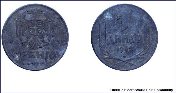 Serbia - German occupation, 1 dinar, 1941, Zn.                                                                                                                                                                                                                                                                                                                                                                                                                                                                      