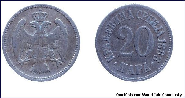 Kingdom of Serbia, 20 para, 1883, Cu-Ni.                                                                                                                                                                                                                                                                                                                                                                                                                                                                            