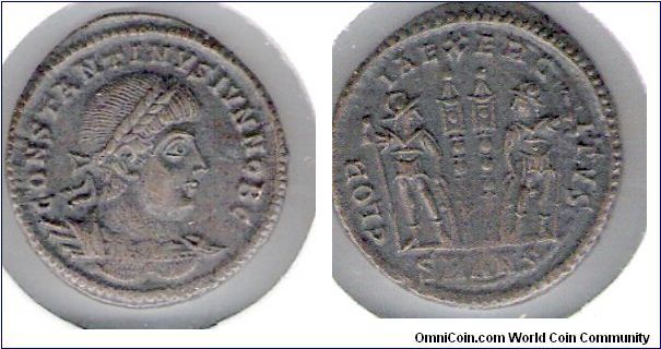 AE 3/4 follis, Constantinus II, Gloria Exercitus: from the period 317-337 AD. Mintmark, Antioch-in-Syria, sixth officina (SMANS).