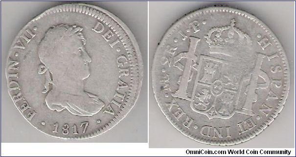 2 reales, Ferdinand VII, Lima mint, Peru, J.P.
Obv. Off-centre strike.