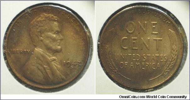1947S Lincoln, One Cent, Dark Toning