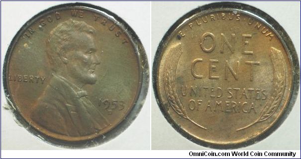 1953D Lincoln, One Cent, Toned